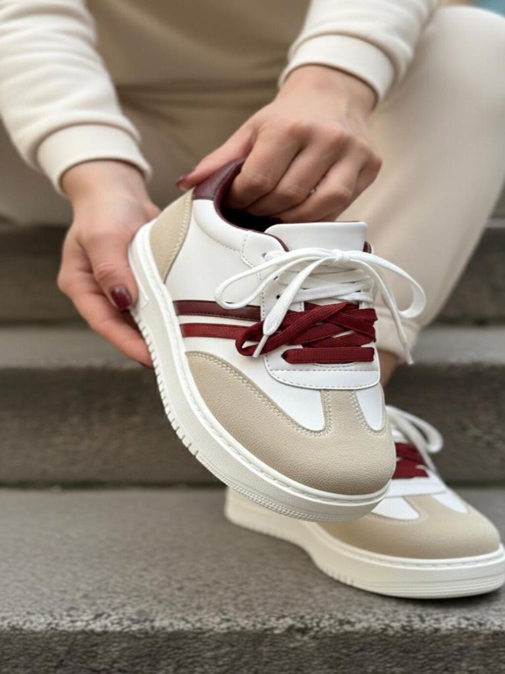 Kadın Vega Bej Çift Bağcıklı Ortopedik Rahat ve Hafif Taban Sneaker-4