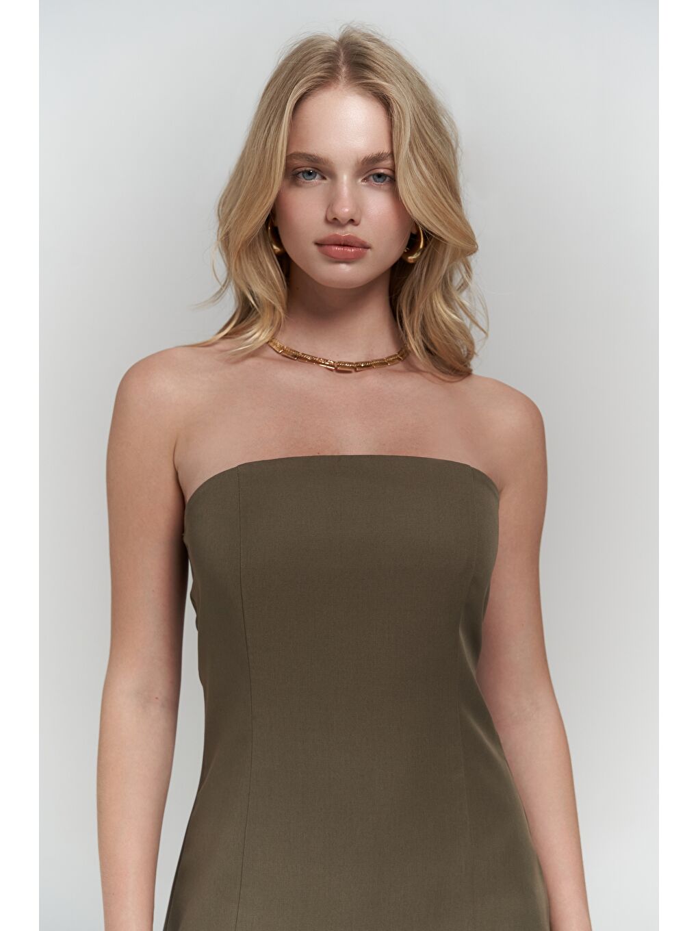 Clara Straplez Haki Elbise-4