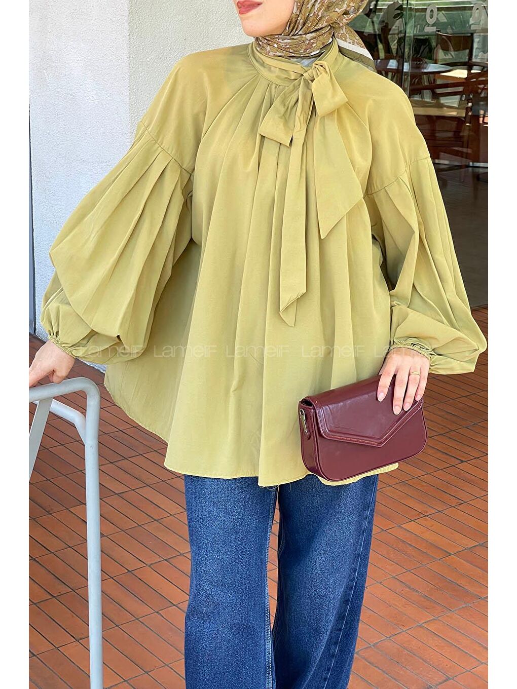 Yaka Fular Detaylı Gömlek Yağ Yeşili-2