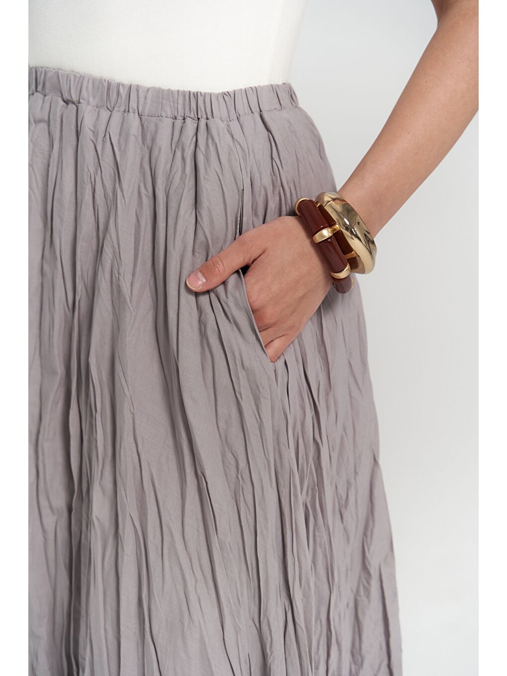 Jayla Kırışık Detay Uzun Gri Etek-7