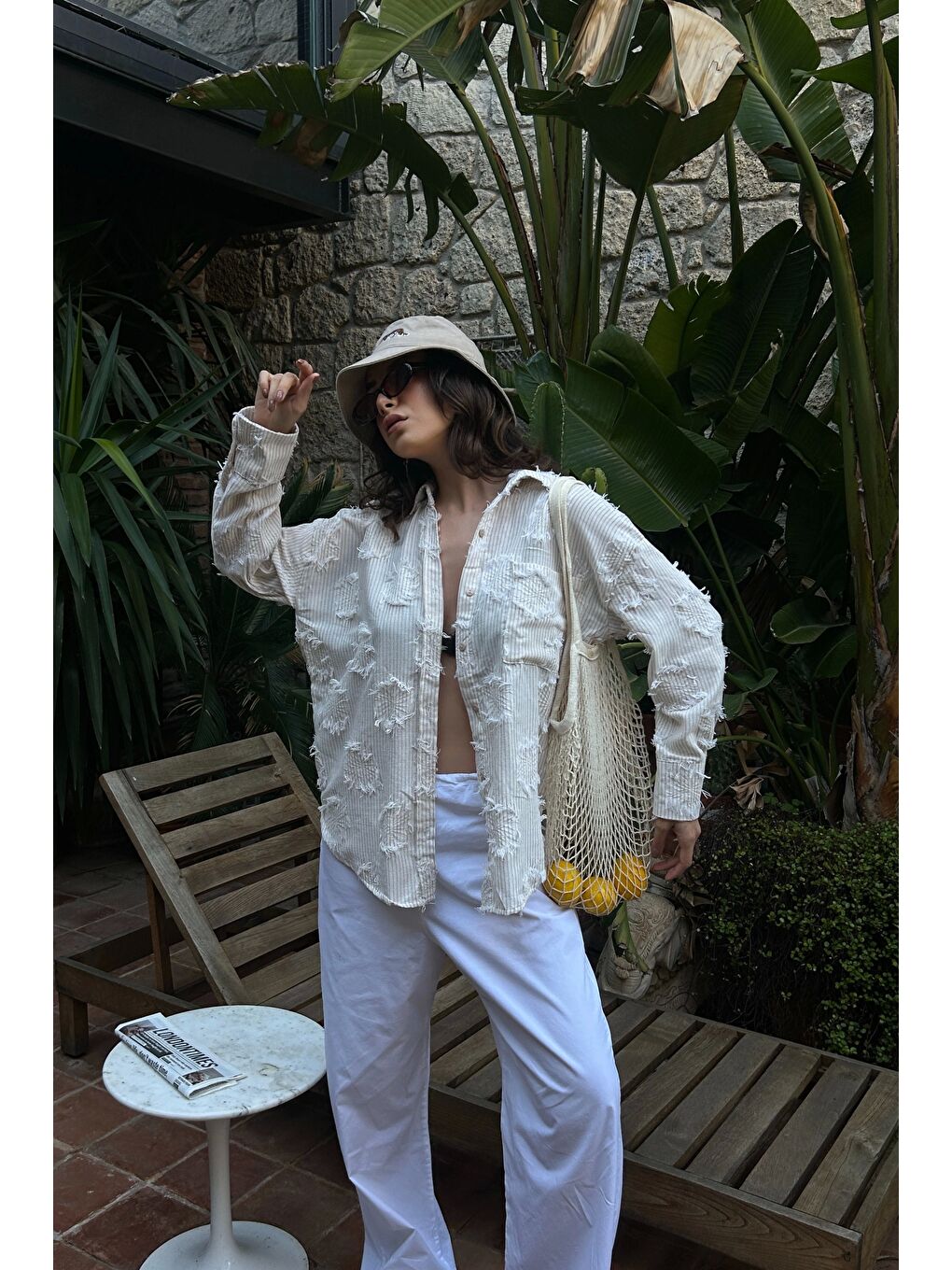 Kadın Bej Eskitme Detay Gömlek 0999-25010-2