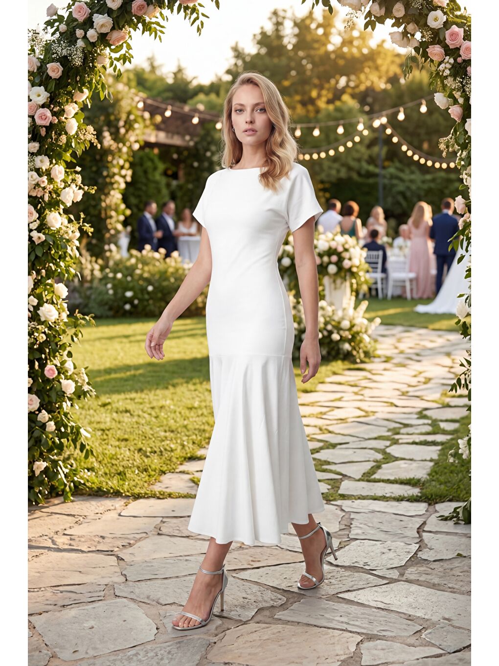 Kadın Beyaz Bisiklet Yaka Kısa Kollu Midi Davet Elbisesi-4