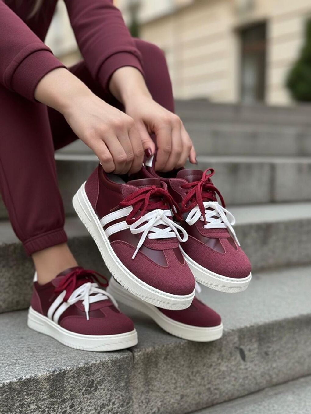 Kadın Vega Bordo Çift Bağcıklı Ortopedik Rahat ve Hafif Taban Sneaker-2