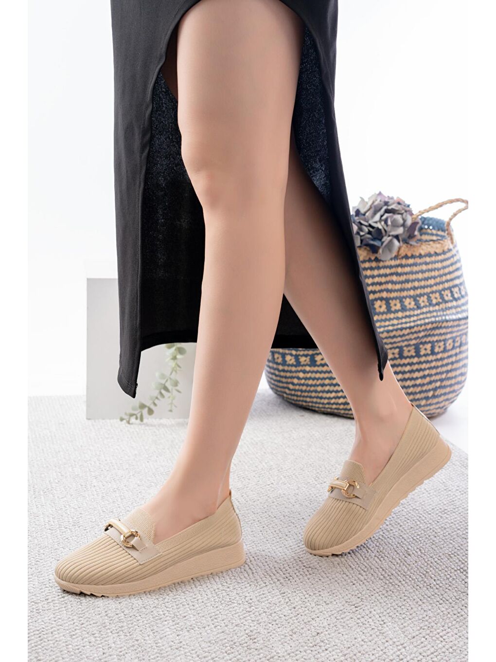 Ekru Libba Toka Detaylı Triko Kalın Taban Kadın Günlük Casual Ayakkabı