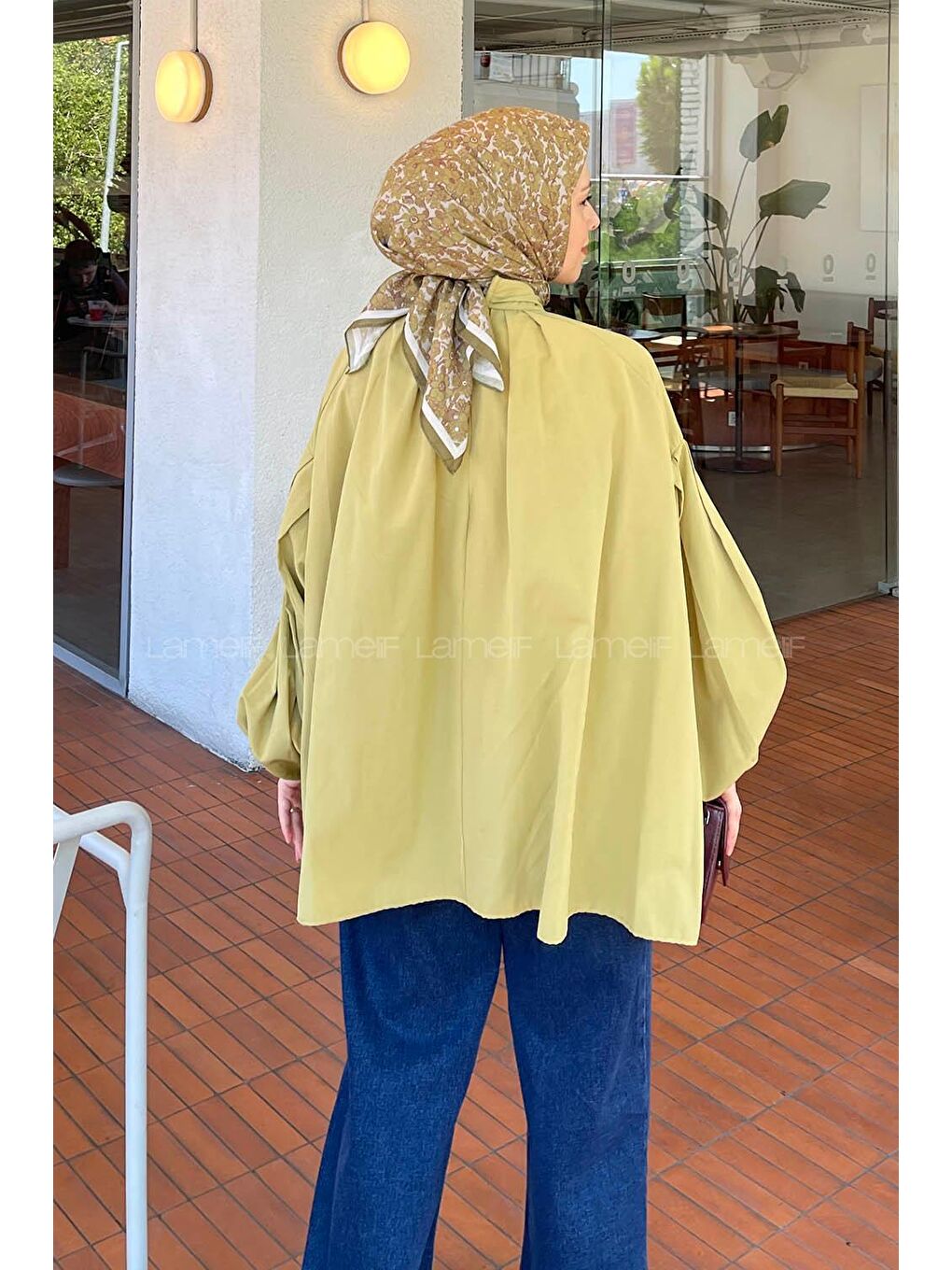 Yaka Fular Detaylı Gömlek Yağ Yeşili-3