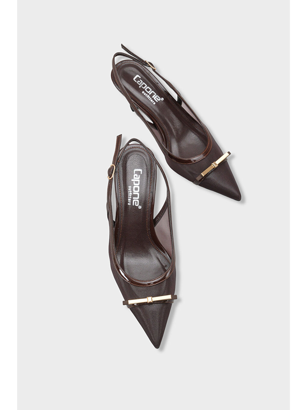 Kahverengi Joya Fileli Sivri Burunlu Orta Topuklu Arkası Açık Kadın Ayakkabı-5