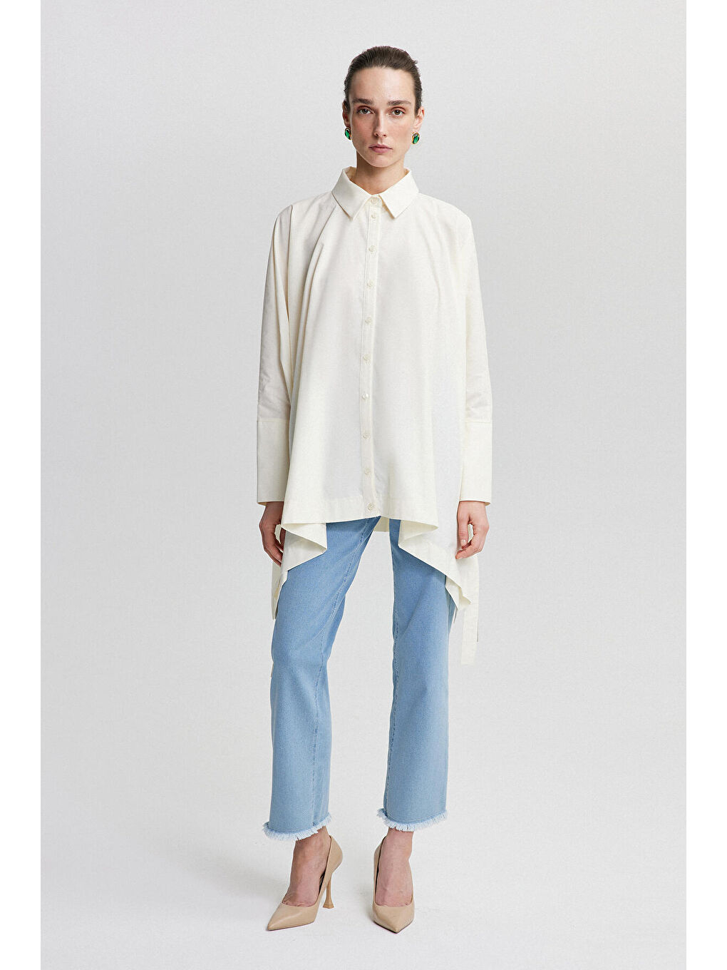 Ekru Bağlama Detaylı Oversıze Gömlek-2