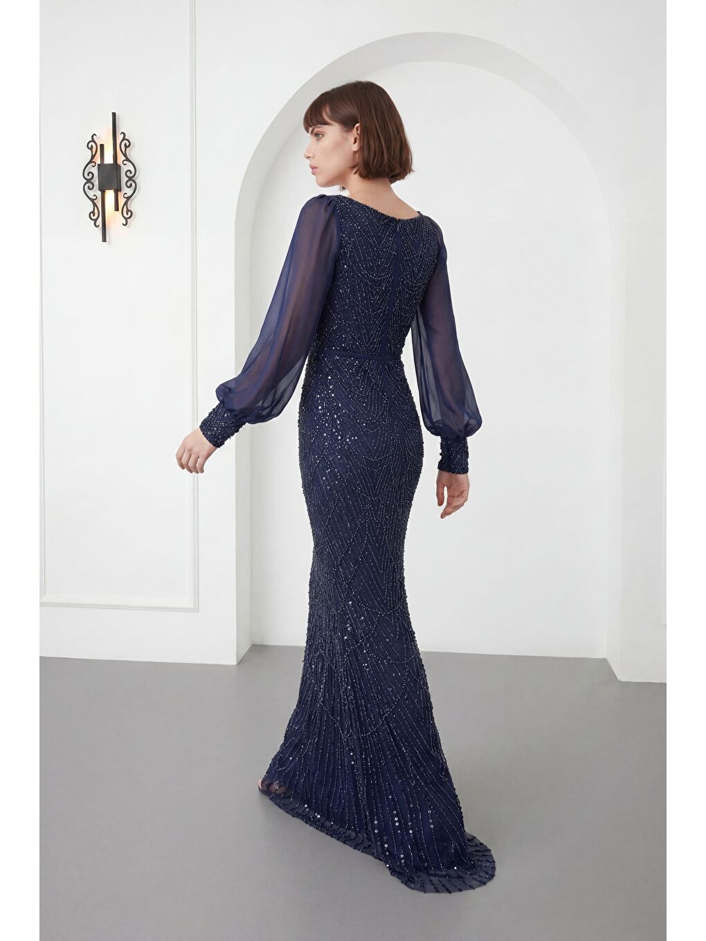 Kadın Lacivert Kare Yaka Uzun Kollu Boncuklu Abiye Elbise-5