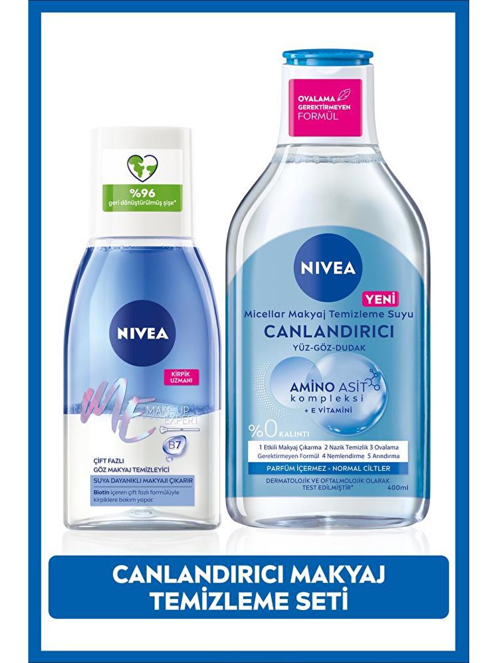Göz Makyaj Temizleyici 125ml ve Canlandırıcı Micellar Makyaj Temizleme Suyu, Amino Asit, E Vitamini