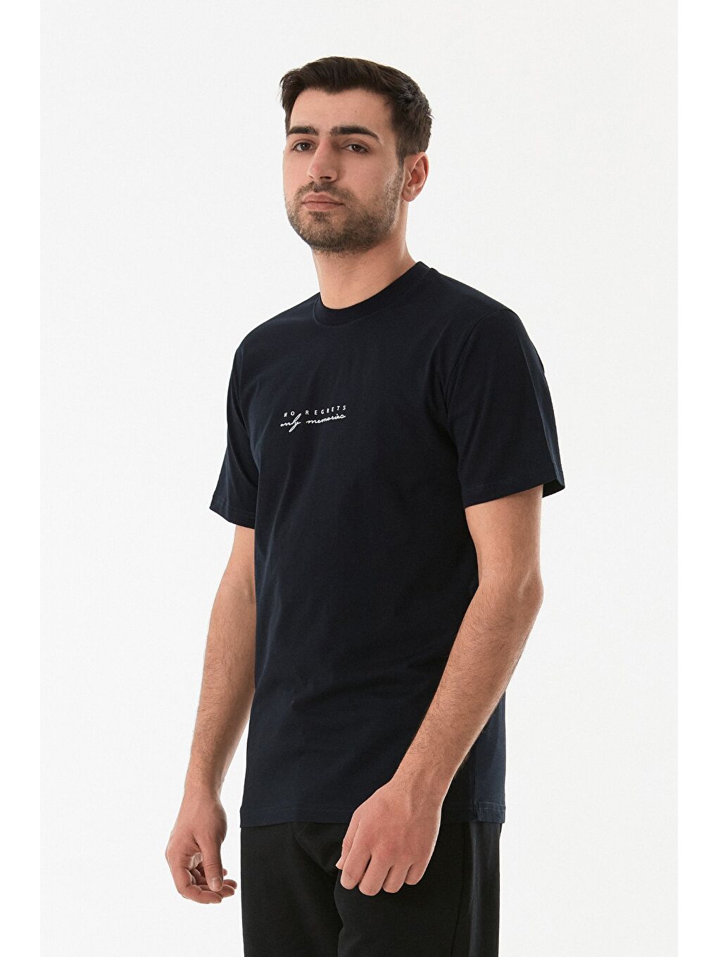 Lacivert Kabartma Baskılı Bisiklet Yaka Tişört-2