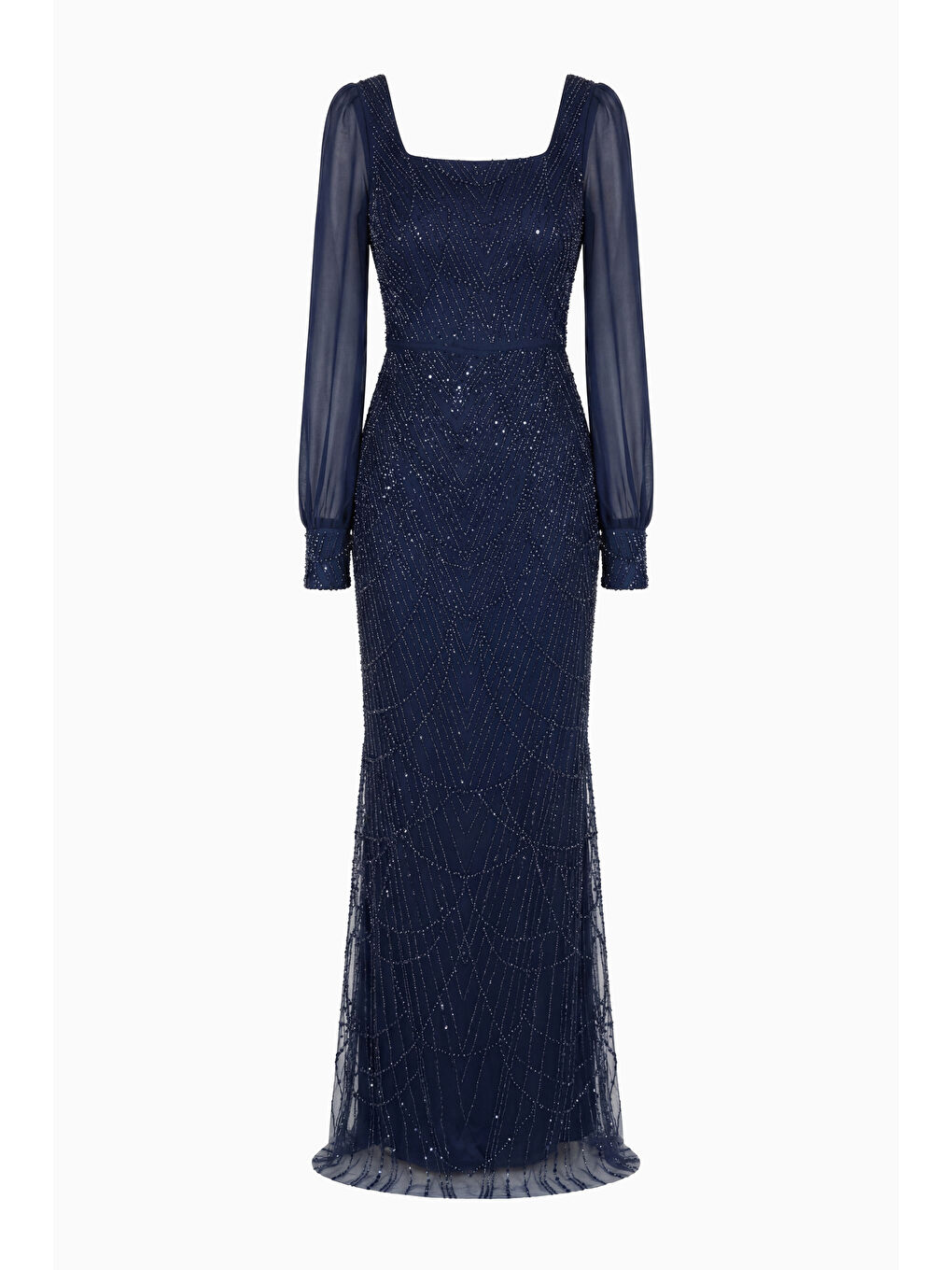 Kadın Lacivert Kare Yaka Uzun Kollu Boncuklu Abiye Elbise-6