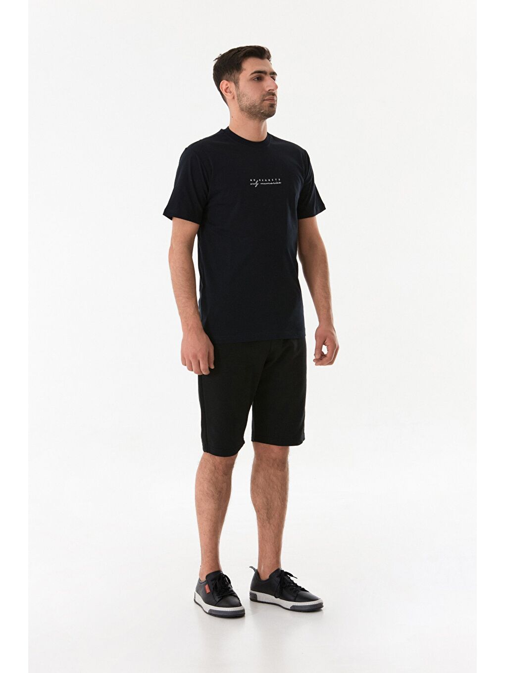 Lacivert Kabartma Baskılı Bisiklet Yaka Tişört-4