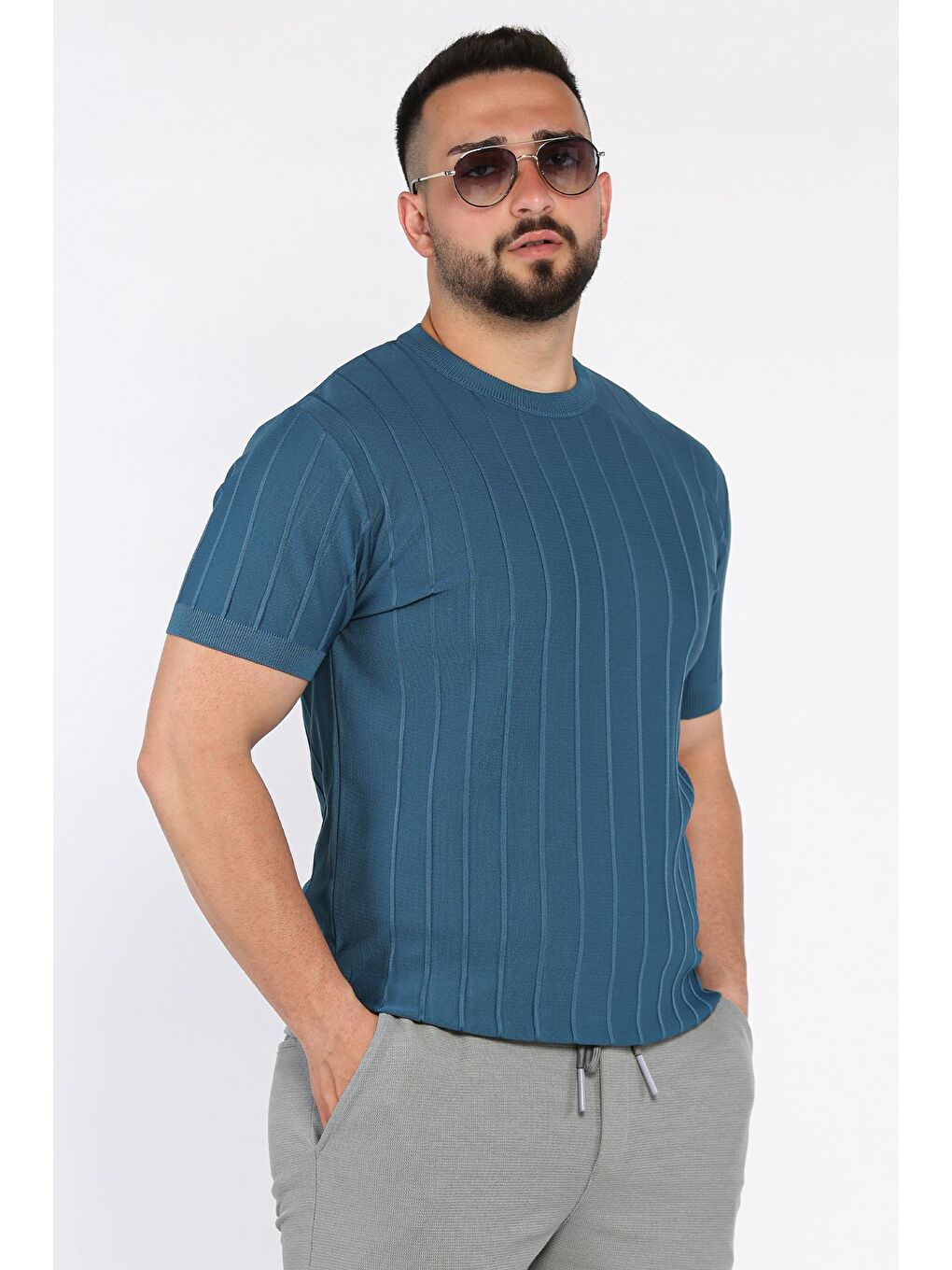 İndigo Erkek Bisiklet Yaka Kendinden Çizgi Desenli Triko Tişört