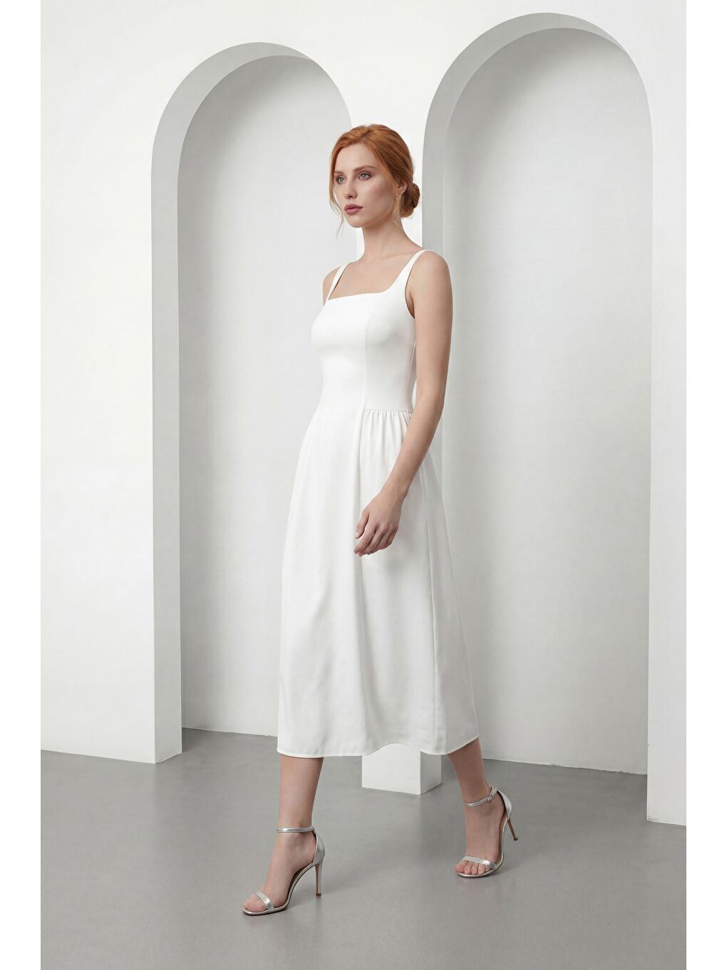Kadın Beyaz Askılı Kare Yaka Midi Davet Elbisesi-1