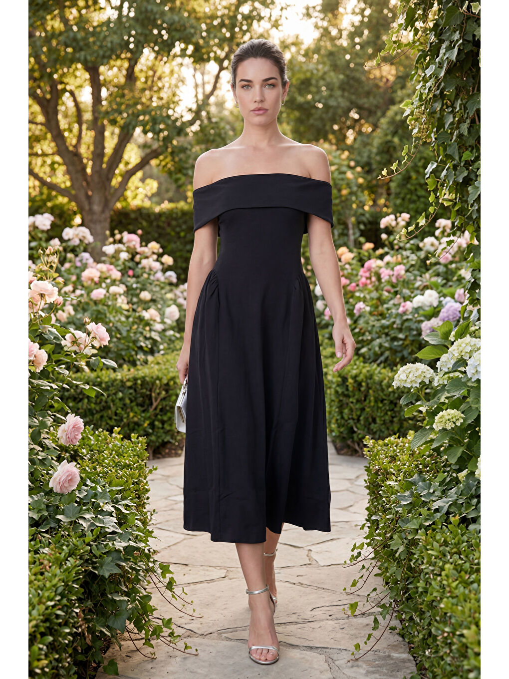 Kadın Siyah Kayık Yaka Midi Davet Elbisesi-4