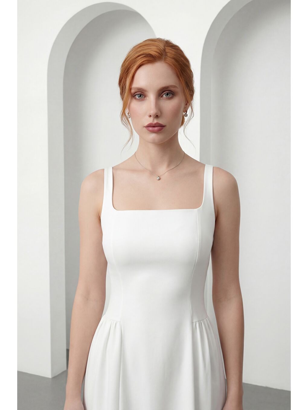 Kadın Beyaz Askılı Kare Yaka Midi Davet Elbisesi-2