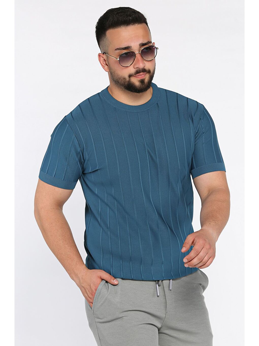 İndigo Erkek Bisiklet Yaka Kendinden Çizgi Desenli Triko Tişört-1