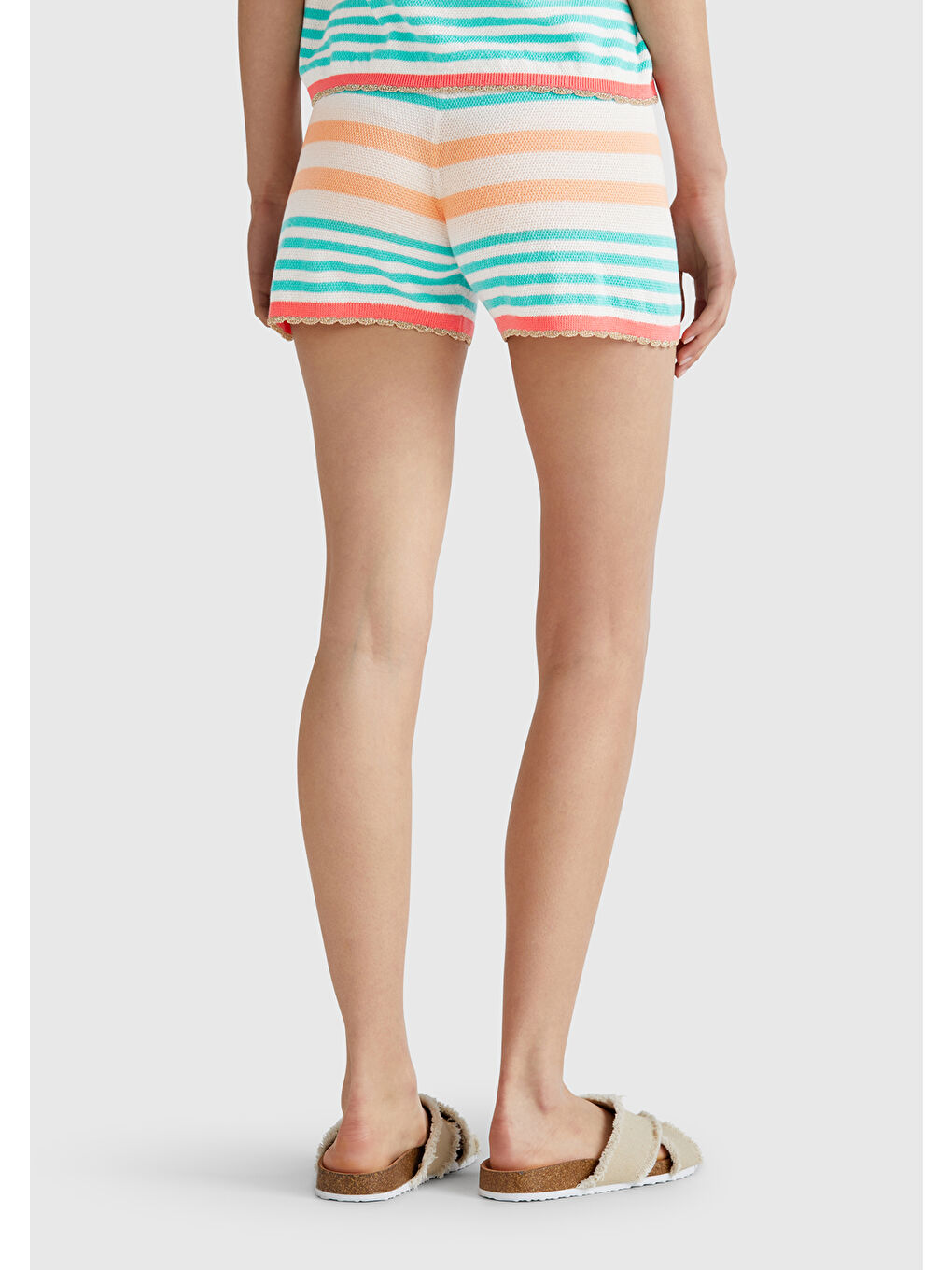 Kadın Açık Mavi Pamuk Karışımlı Çizgili Paça Detaylı Triko Şort-2