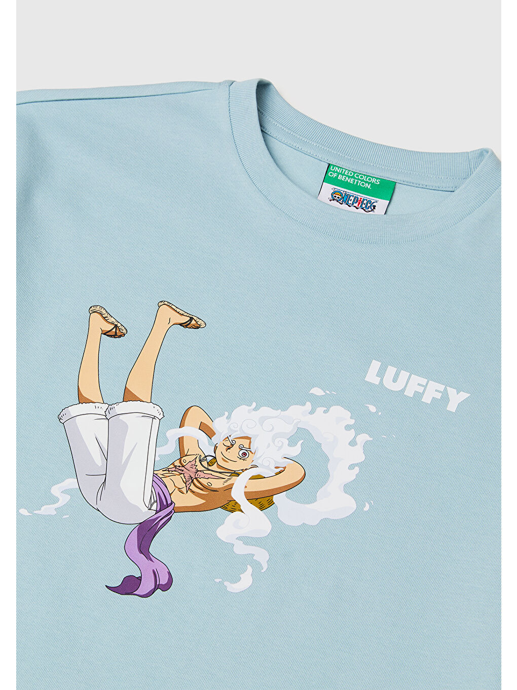 Erkek Çocuk Buz Mavisi Önü ve Arkası One Piece Baskılı Bisiklet Yaka T-Shirt-2