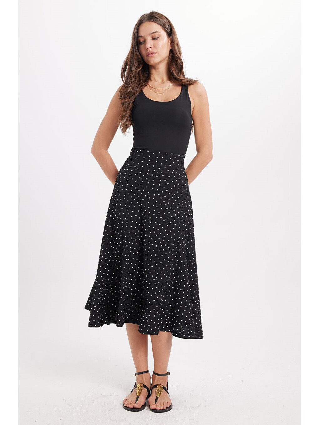 Kadın Slim Fit Dar Kesim Yüksek Bel Puantiyeli Pamuklu Siyah Etek-3