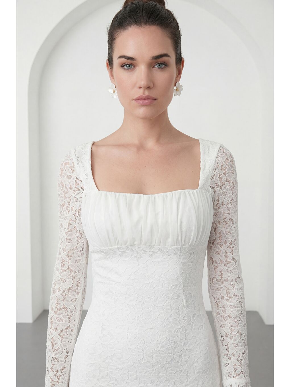 Kadın Beyaz Uzun Kol Dantelli Davet Elbisesi-2
