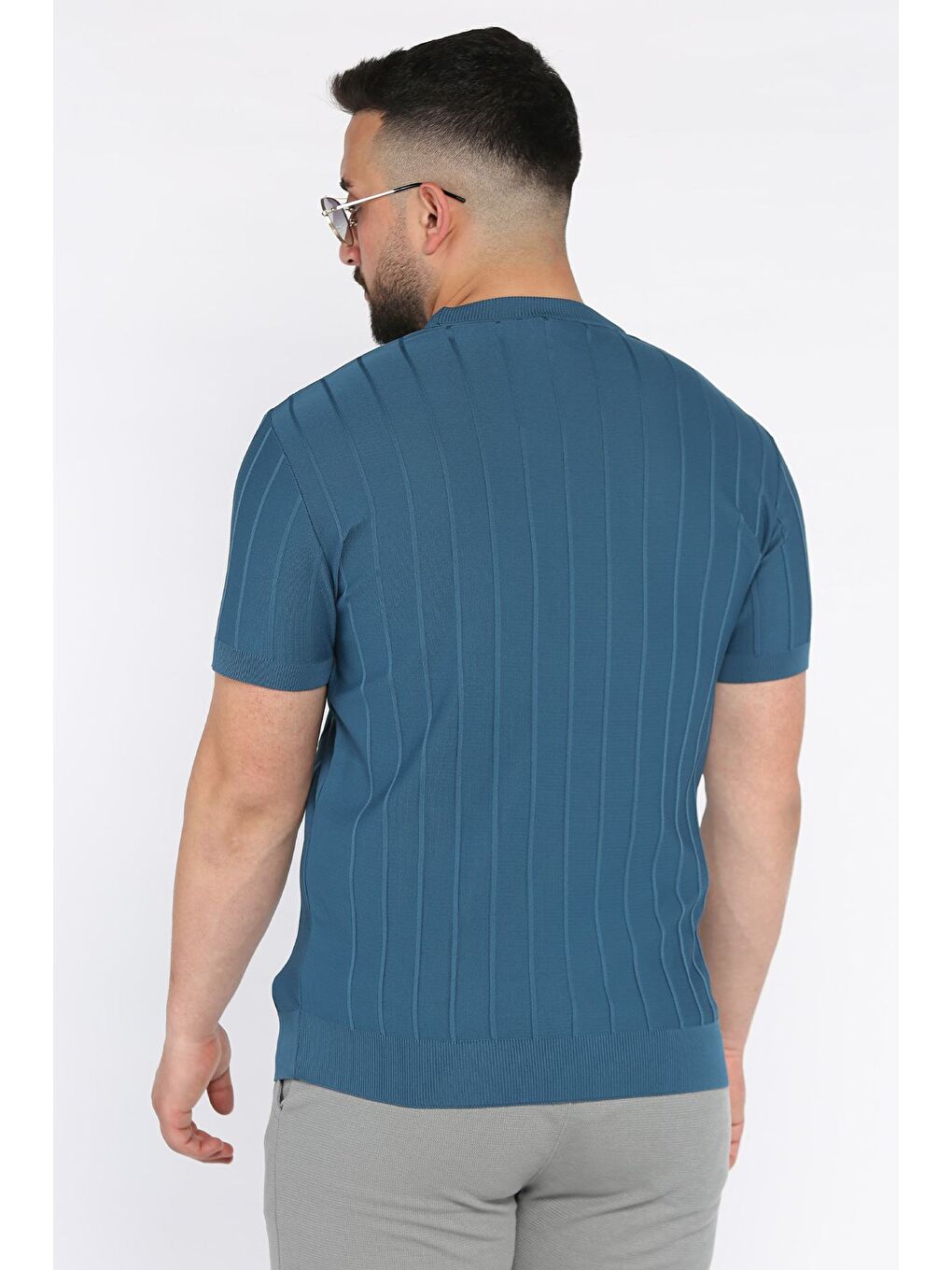 İndigo Erkek Bisiklet Yaka Kendinden Çizgi Desenli Triko Tişört-2