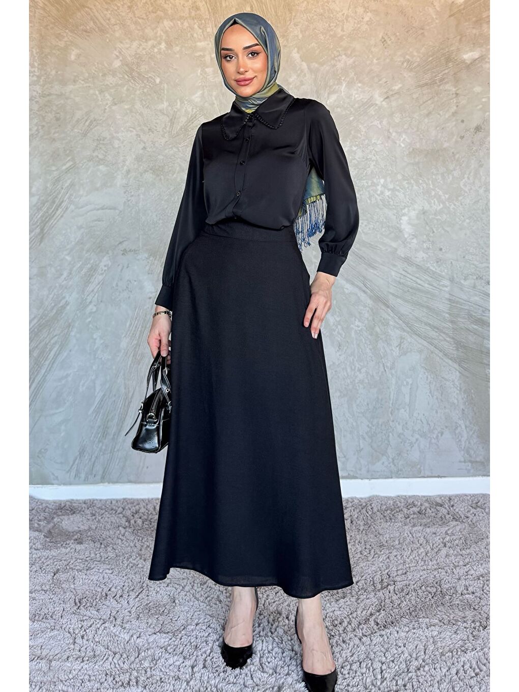 Siyah Tesettür Keten Etek