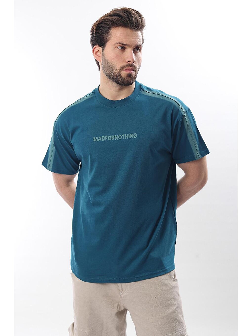 Petrol Mavisi Bisiklet Yaka Baskılı Erkek Tişört E7110-1