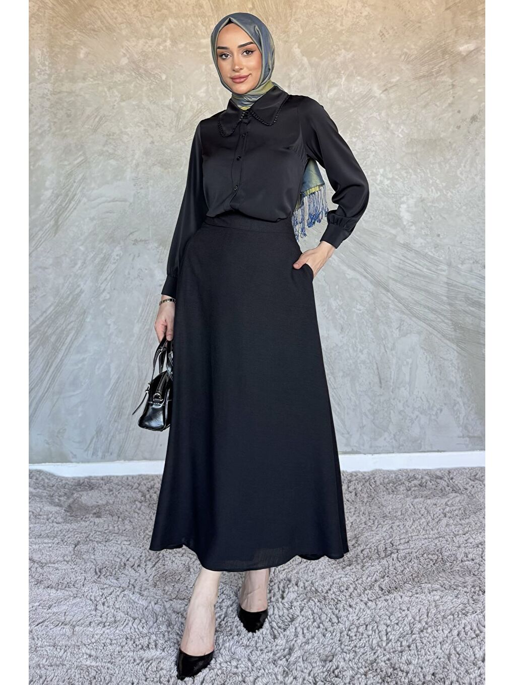 Siyah Tesettür Keten Etek-1