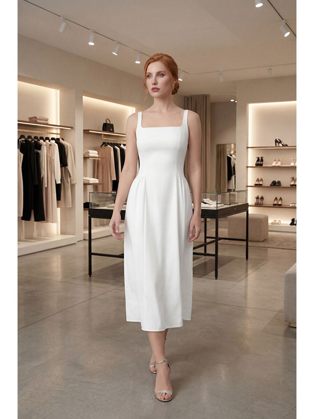 Kadın Beyaz Askılı Kare Yaka Midi Davet Elbisesi-4