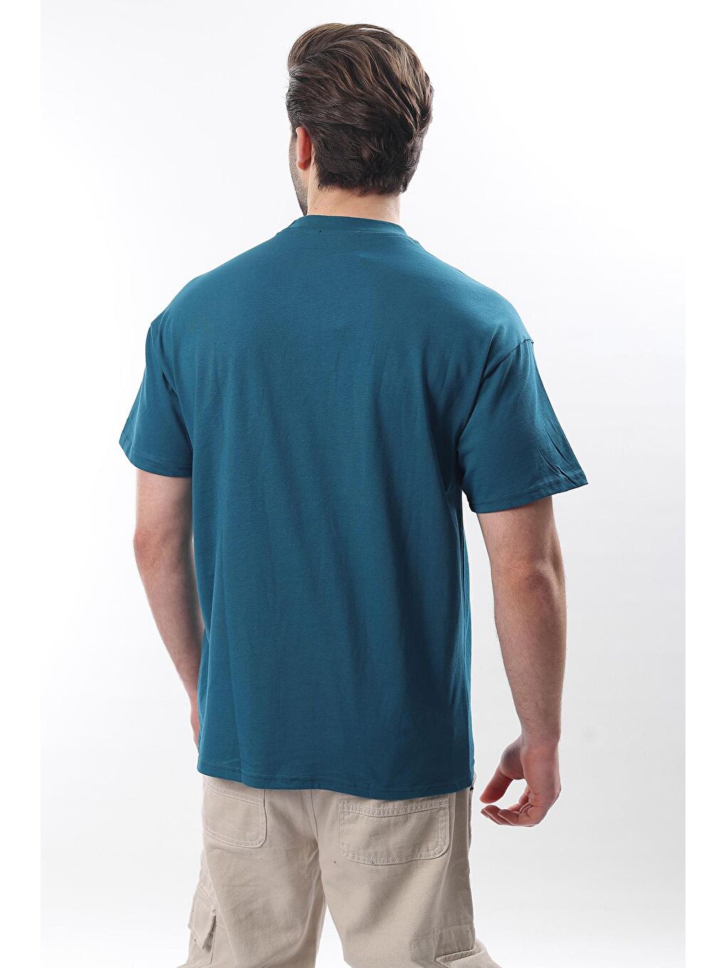 Petrol Mavisi Bisiklet Yaka Baskılı Erkek Tişört E7110-3