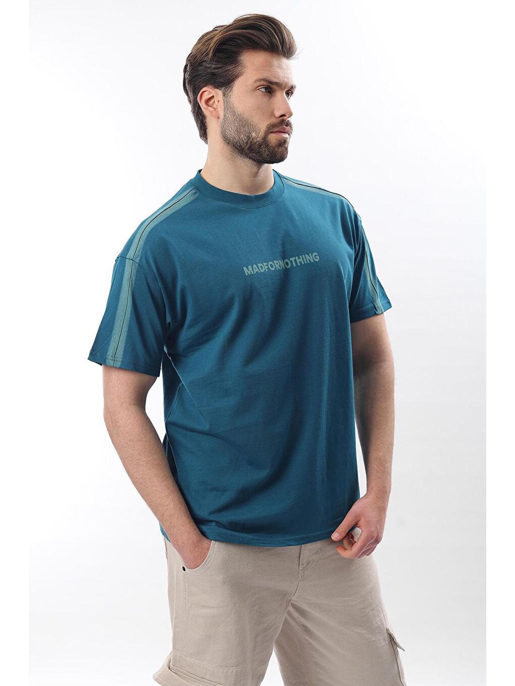 Petrol Mavisi Bisiklet Yaka Baskılı Erkek Tişört E7110-4