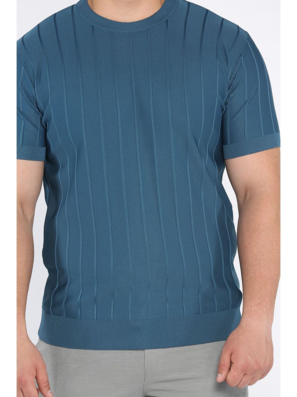 İndigo Erkek Bisiklet Yaka Kendinden Çizgi Desenli Triko Tişört-3