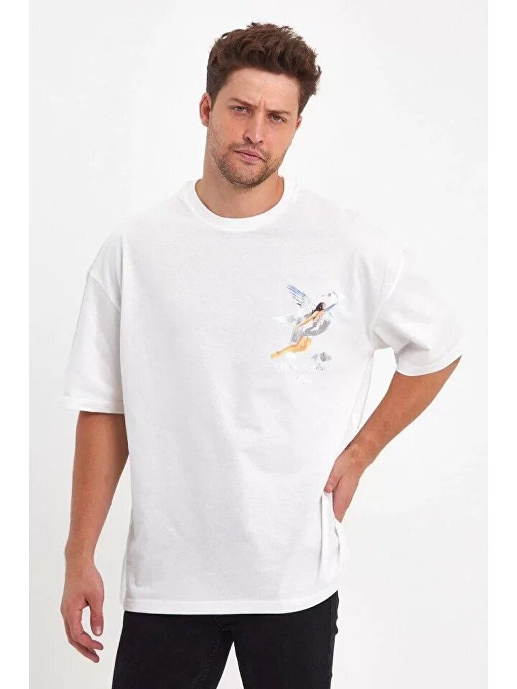 Erkek Melek Baskılı Oversize T-shirt - Beyaz-1