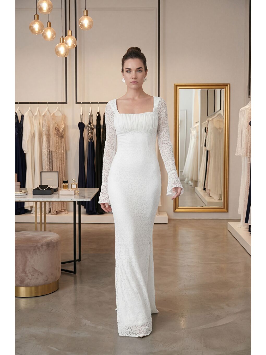 Kadın Beyaz Uzun Kol Dantelli Davet Elbisesi-4