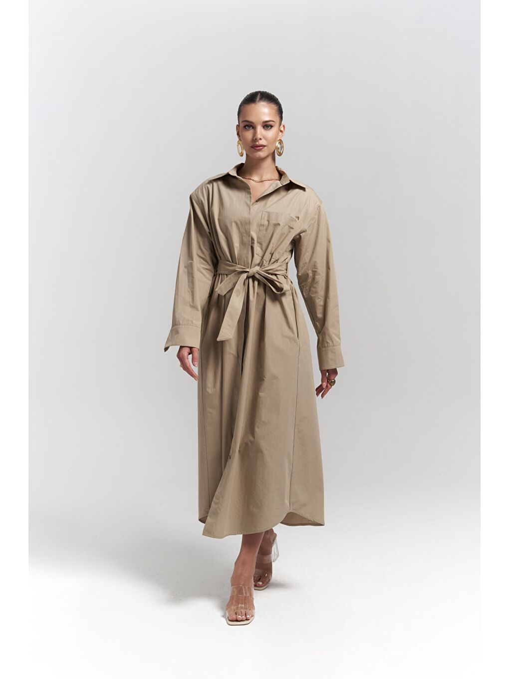 Bej Belsay Trençkot Taş Elbise