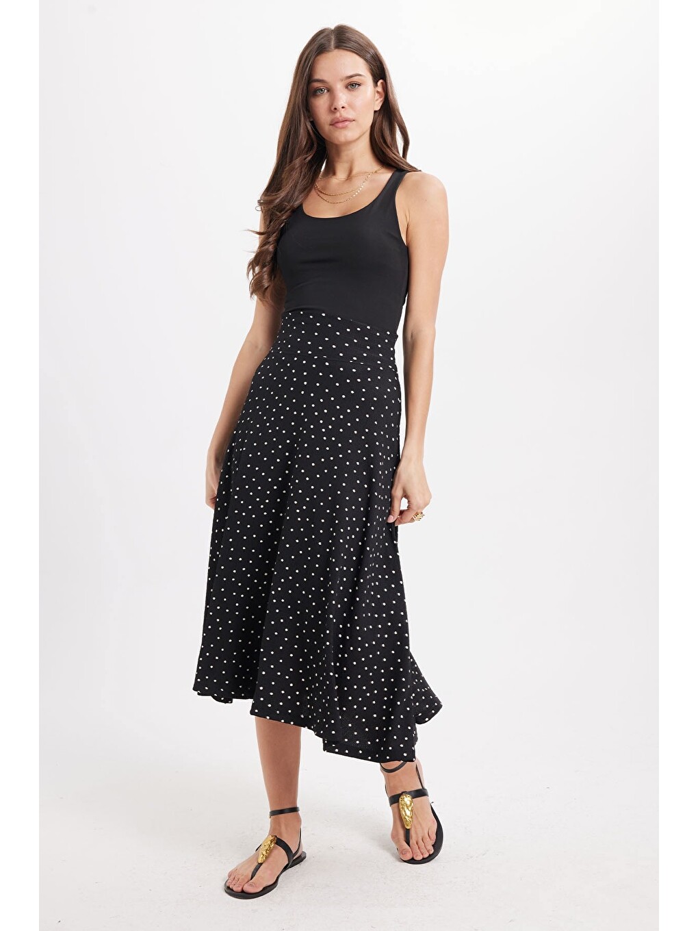 Kadın Slim Fit Dar Kesim Yüksek Bel Puantiyeli Pamuklu Siyah Etek-5