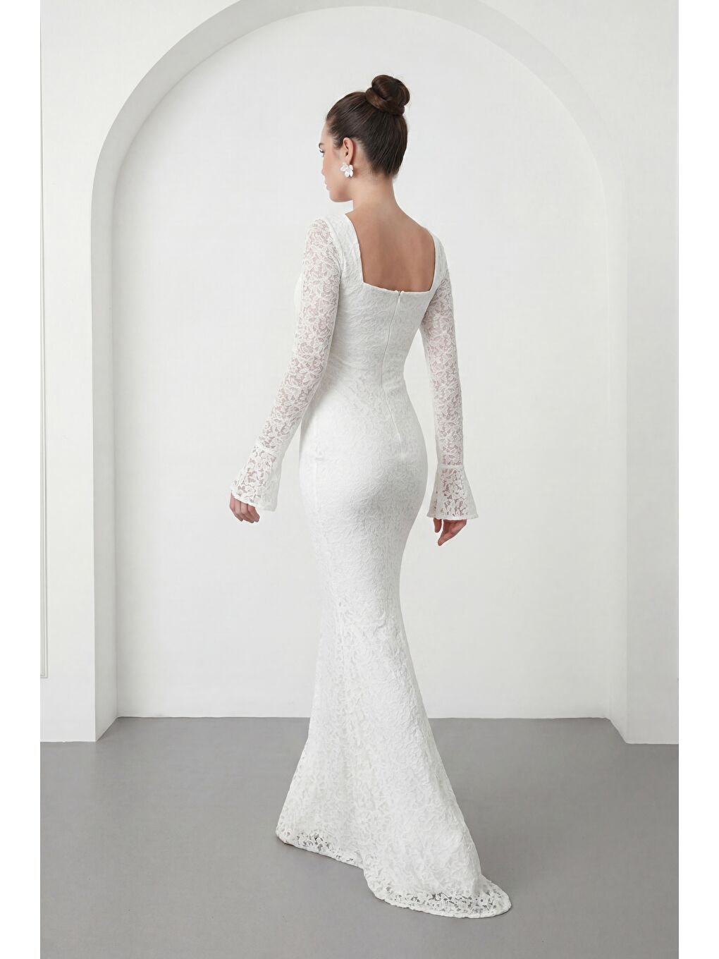 Kadın Beyaz Uzun Kol Dantelli Davet Elbisesi-5