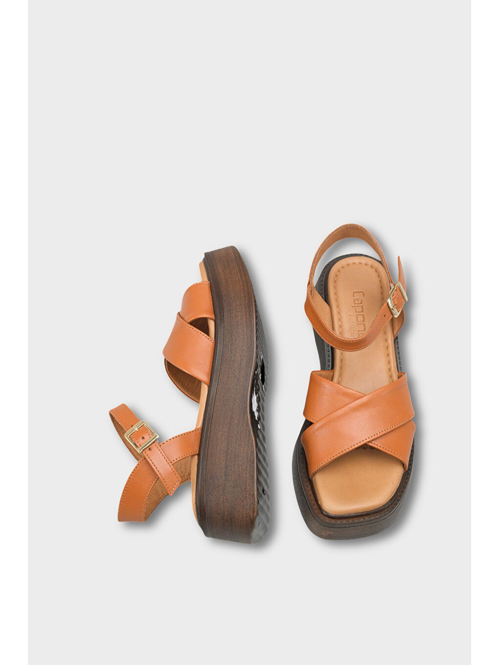 Kahverengi Bobbi Hakiki Deri Çapraz Bantlı Dolgu Topuk Kadın Sandalet-4