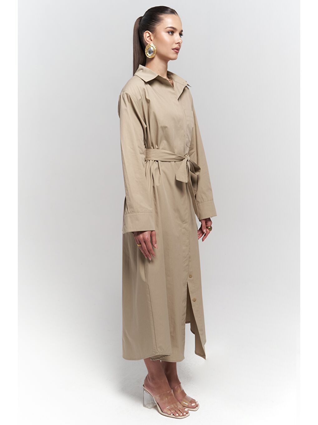 Bej Belsay Trençkot Taş Elbise-2
