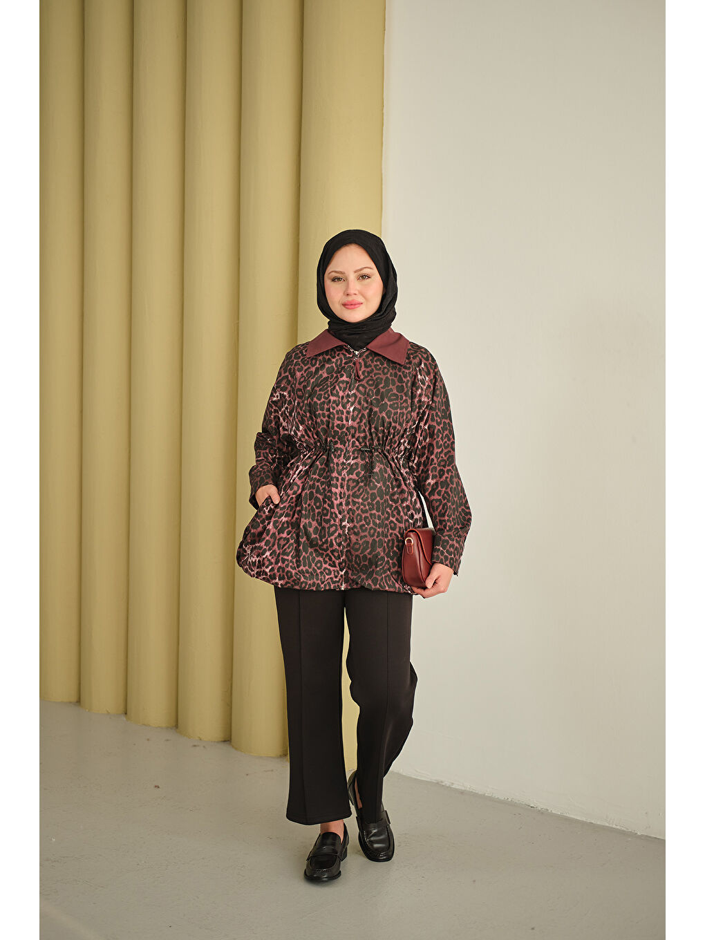 Kadın Leopar Desenli Fermualı Trenç Bordo-1