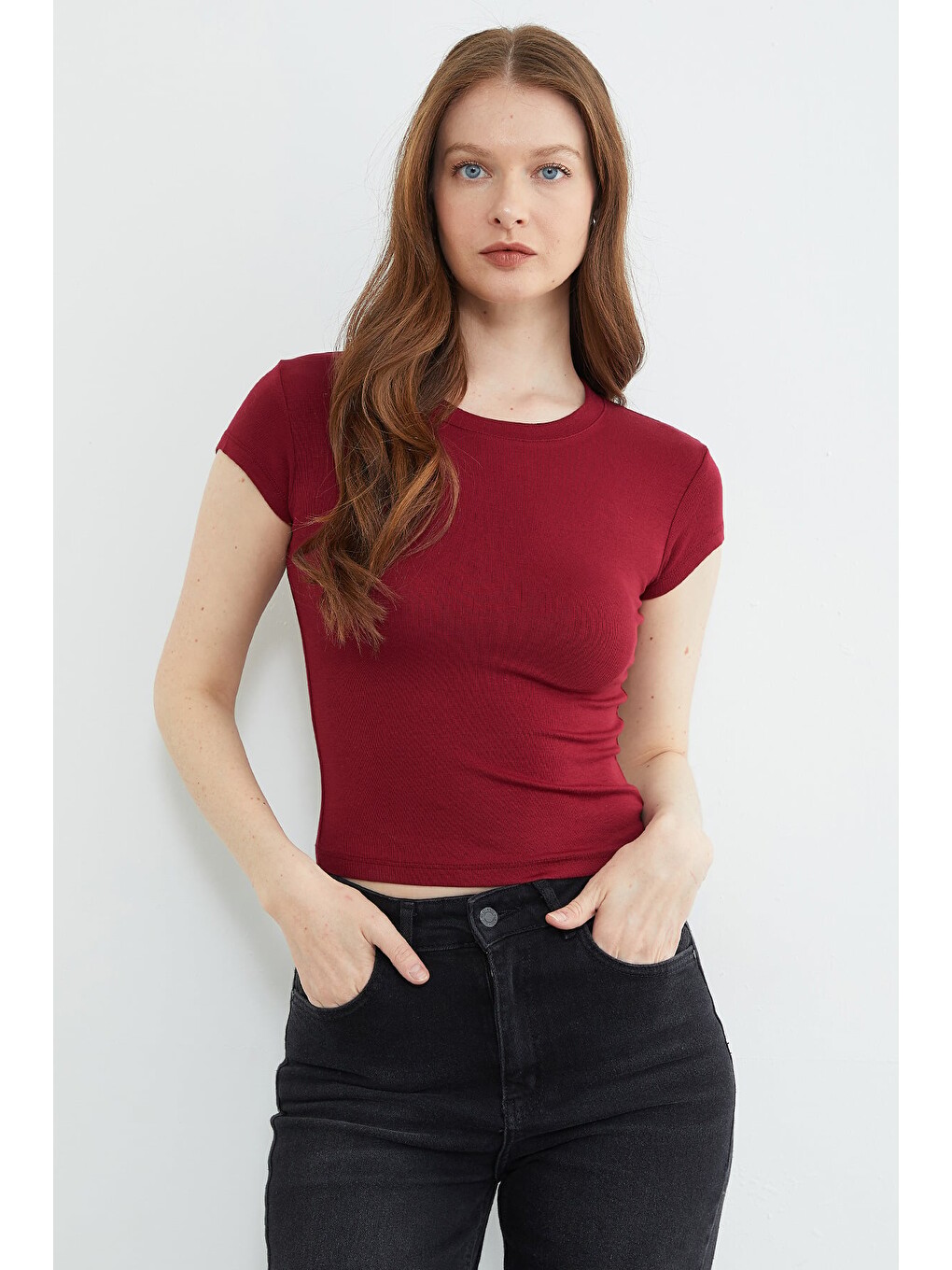 Bordo Basic Bisiklet Yaka Tişört-1