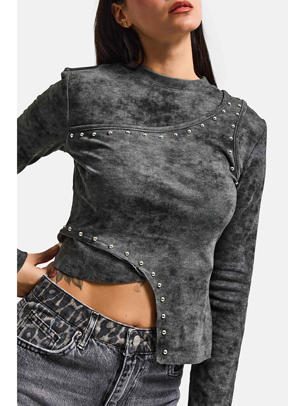 Kadın Antrasit Gri w5 Asimetrik Kesim Drop Detaylı Özel Tasarım Crop Top-1