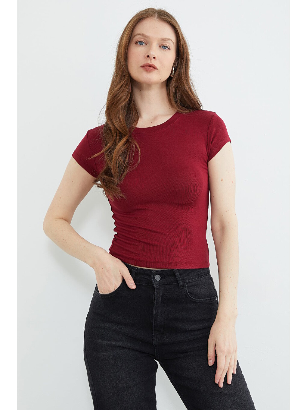 Bordo Basic Bisiklet Yaka Tişört-2