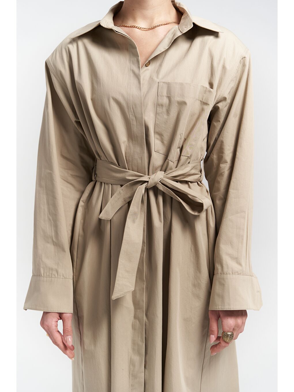 Bej Belsay Trençkot Taş Elbise-4
