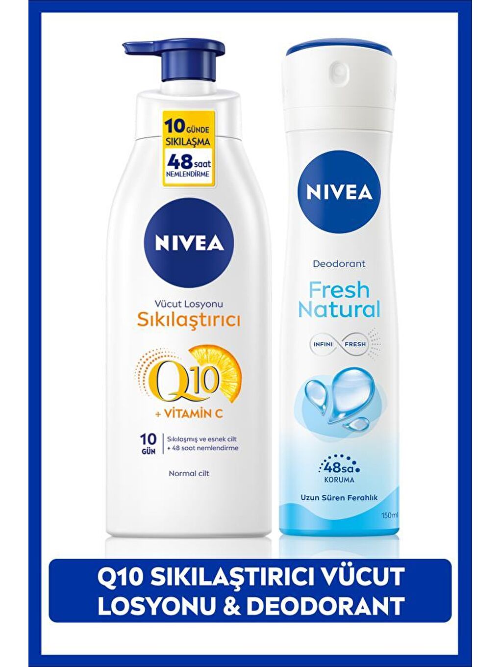 NIVEA Kadın Sprey Deodorant Fresh Natural 150ml, Q10 Sıkılaştırıcı ve Nemlendirici Vücut Losyonu 400ml