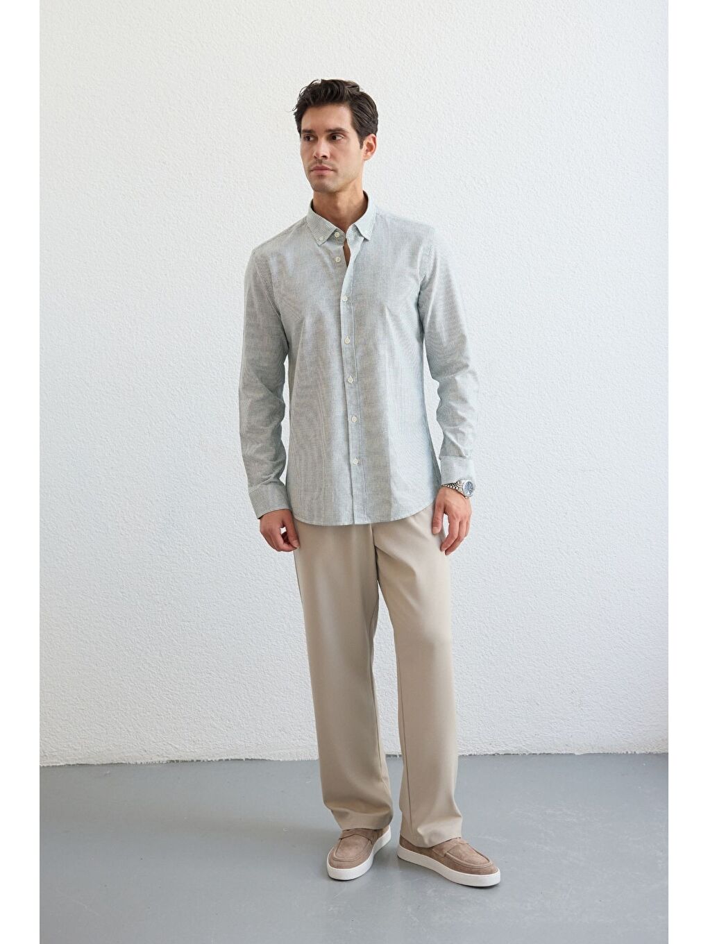 Yeşil Misato Erkek Gömlek Modern Slim Fit Keten Görünümlü İnce Çizgili Hafif Kumaş-1