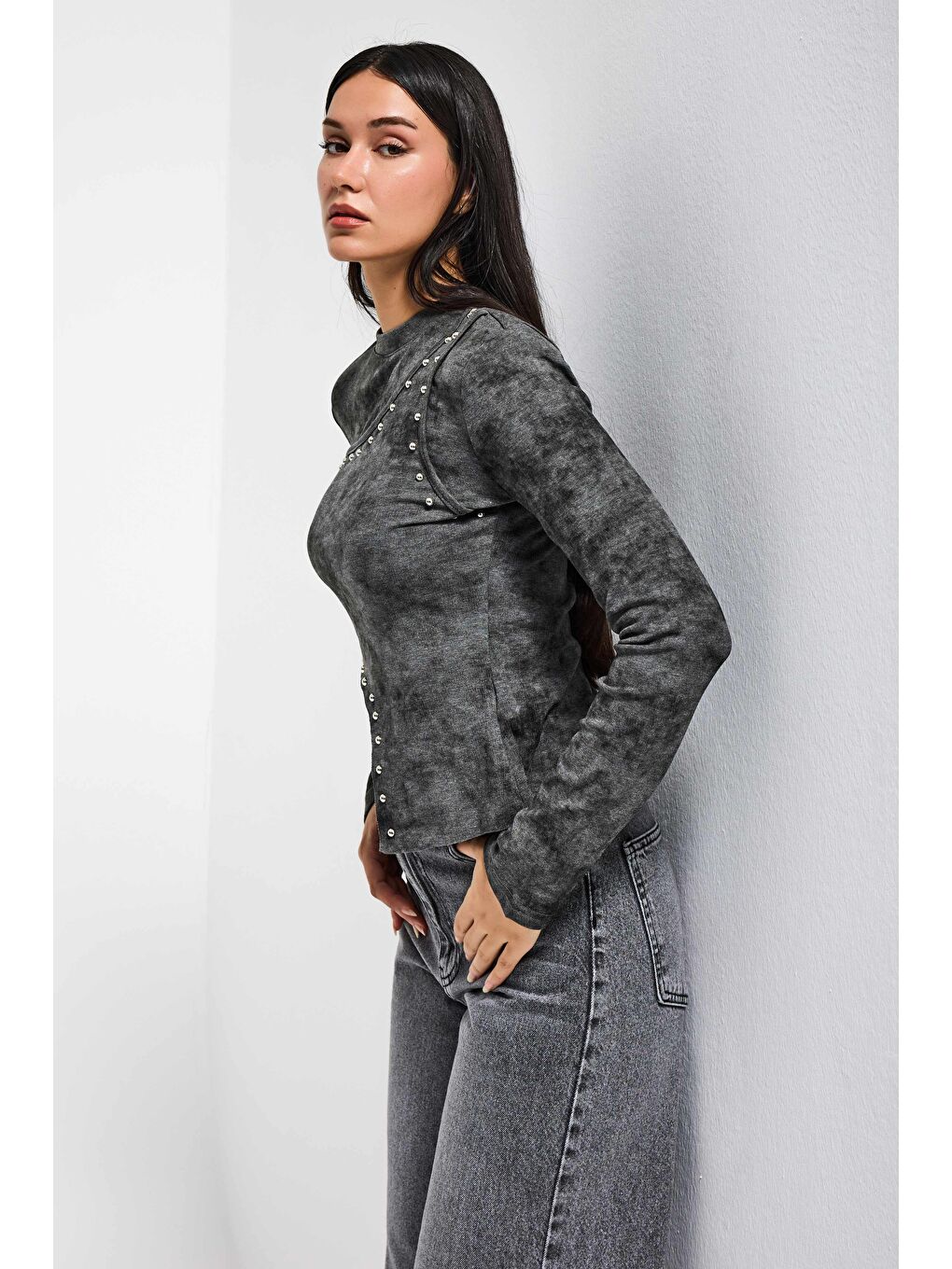 Kadın Antrasit Gri w5 Asimetrik Kesim Drop Detaylı Özel Tasarım Crop Top-2