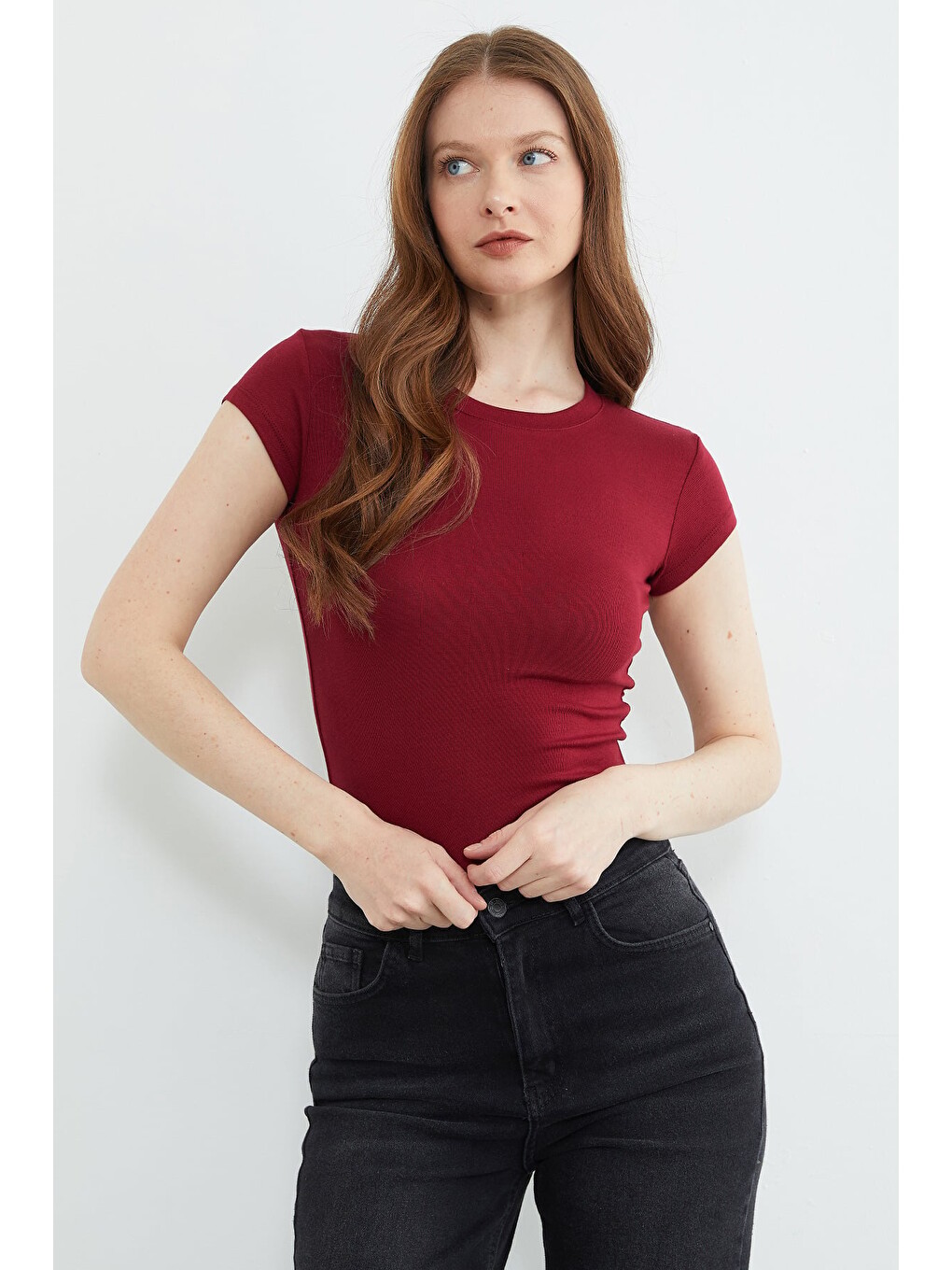 Bordo Basic Bisiklet Yaka Tişört-4