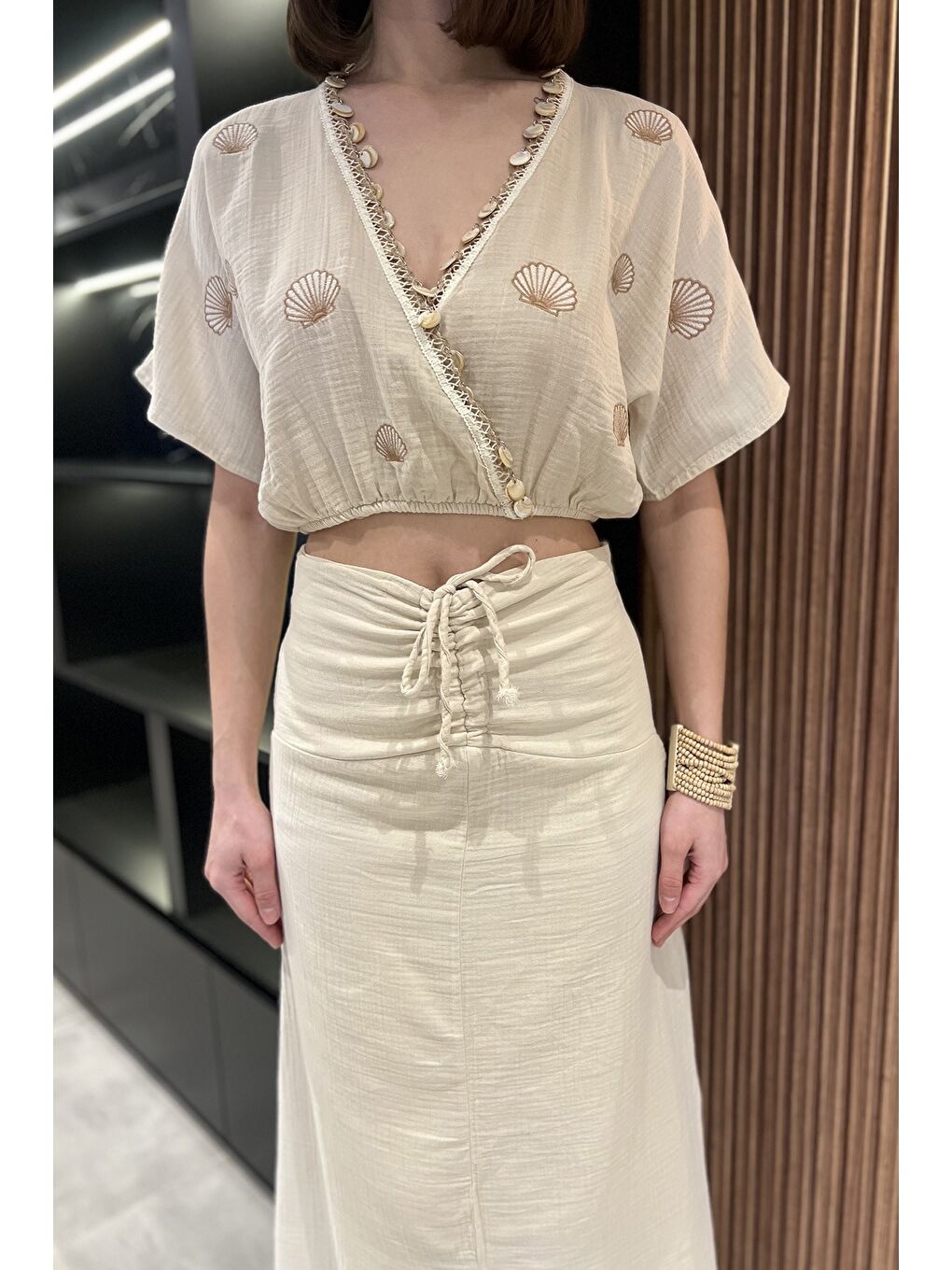 Bej Kadın Nakışlı Taşlı Keten Bluz Etek İkili Takım-2